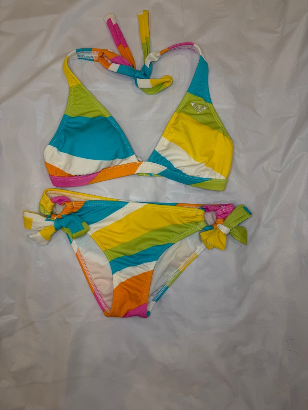 Roxy Y2K Rainbow Striped Bikini Set Halter Triangle Top & Tie Side Bottoms Sz S